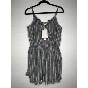 Avec Les Filles Linen Blend Striped‎ Ruffle Romper Indigo Heather Size Large NEW